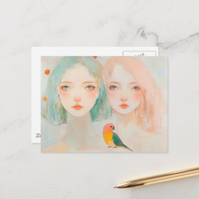 Cartão Postal Meninas Caprichosas Com um Pássaro Fofo (Frente/Verso In Situ)