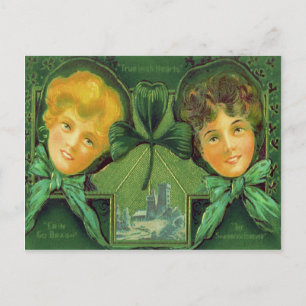 Cartão Postal Meninas Irlandesas Shamrock Castelo Blarney
