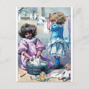 Cartão Postal Meninas pinturas antigas lavando roupas dia de lav