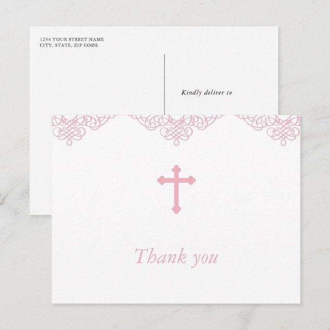 Cartão Postal Meninas Rosa Batismo/Christening Obrigado (Frente/Verso)