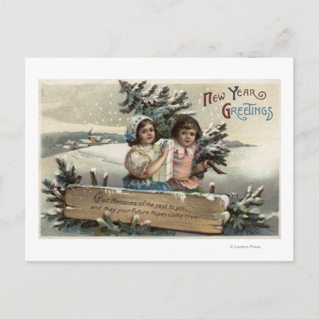 Cartão Postal Meninas segurando um presente e uma árvore (Frente)