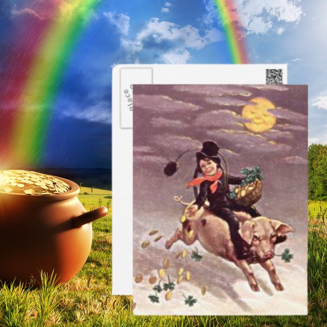 Cartão Postal Menino Antigo Montando um Porco Dia de São Patríci (Vintage Boy Riding a Pig St Patrick's Day Postcard)