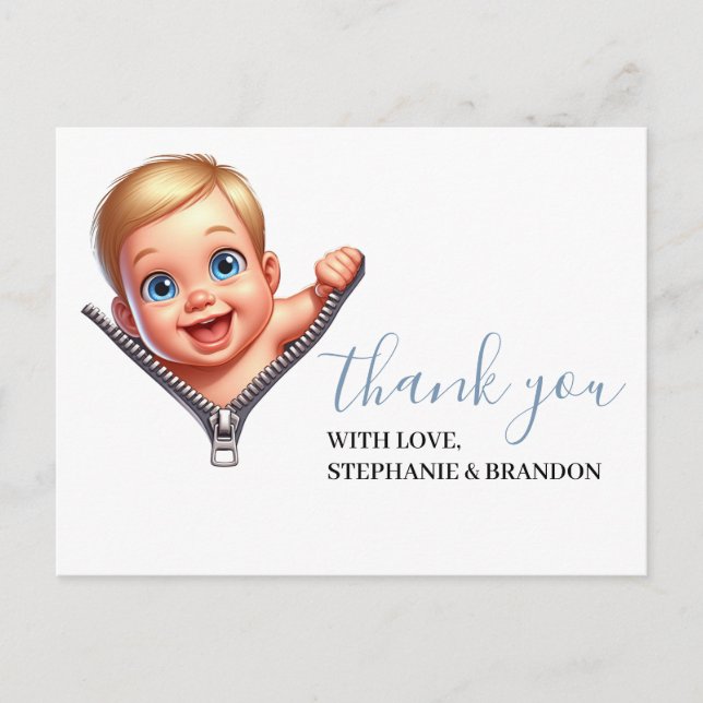 Cartão Postal Menino Bebê Espiando Chá de Bebê Branco Obrigado   (Frente)