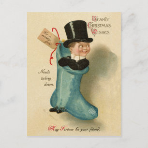 Cartão Postal Menino cavalheiro em meia de Natal azul grande, vi