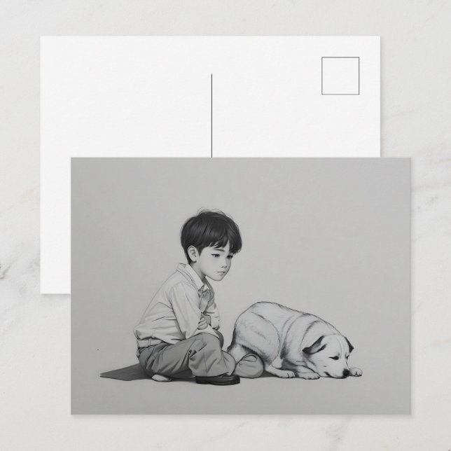 Cartão Postal Menino com arte de cão (Frente/Verso)