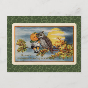 Cartão Postal Menino da abóbora de Halloween Vintage e Coruja