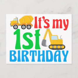 Cartão Postal Menino de 1º Aniversário Veículo de Construção Fof