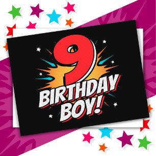 Cartão Postal Menino de 9 Anos de Idade Festa de Aniversário Sup