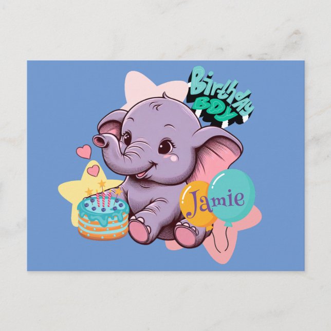 Cartão Postal Menino de aniversário do elefante bebê fofo (Frente)