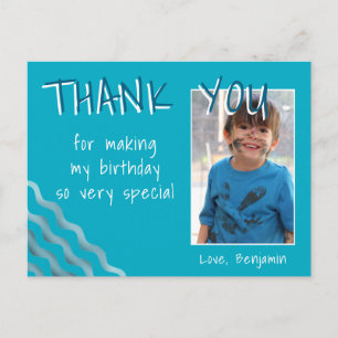 Cartão Postal Menino de Aniversário Ondas Azuis Fofas Foto Obrig