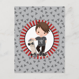 Cartão Postal Menino de Cabelo Castanho com Skate - Cinza Vermel