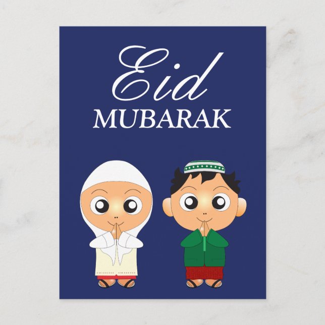 Cartão Postal Menino muçulmano bonito e garota Eid Mubarak (Frente)