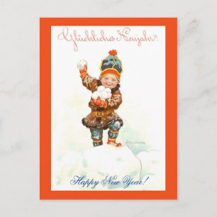 Cartão Postal Menino Norueguês Vintage de Ano Novo com Bolas de 