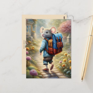 Cartão Postal Menino rato fofo a caminho da escola, personalizad