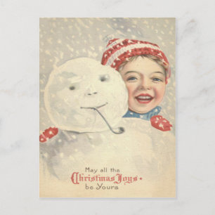Cartão Postal Menino Sorridente Boneco de Neve Cachecol Chapéu d