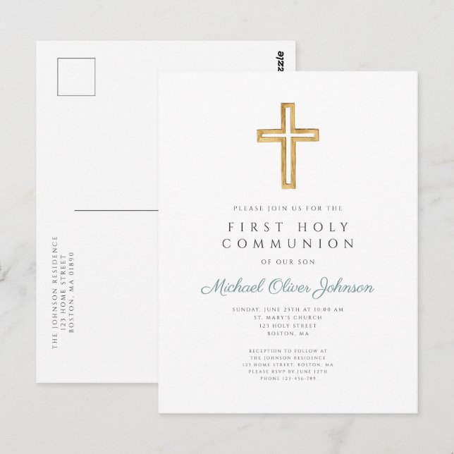 Cartão Postal Menino Verde da Primeira Comunhão Religiosa (Frente/Verso)