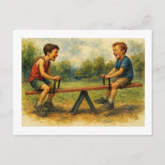 Cartão Postal Meninos Brincando no Balanço,  (Frente)