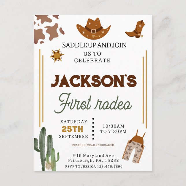 Cartão Postal Meninos Meu Primeiro Rodeio Cowboy 1º Aniversário (Frente)