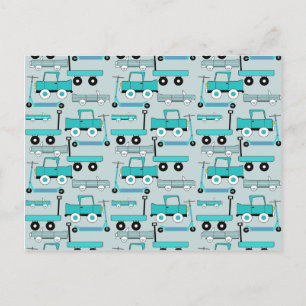 Cartão Postal Meninos Rodas Azuis Scooters Retro Carros Vagões C