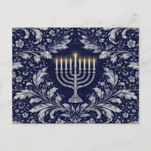 Cartão Postal Menorá Azul-Marinho Profundo Padrão William Morris