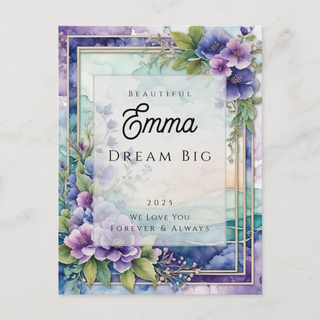 Cartão Postal Mensagem Personalizada Aquarela Card Floral Roxo (Frente)