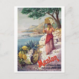 Cartão Postal Menton, França, garota com cesta na costa