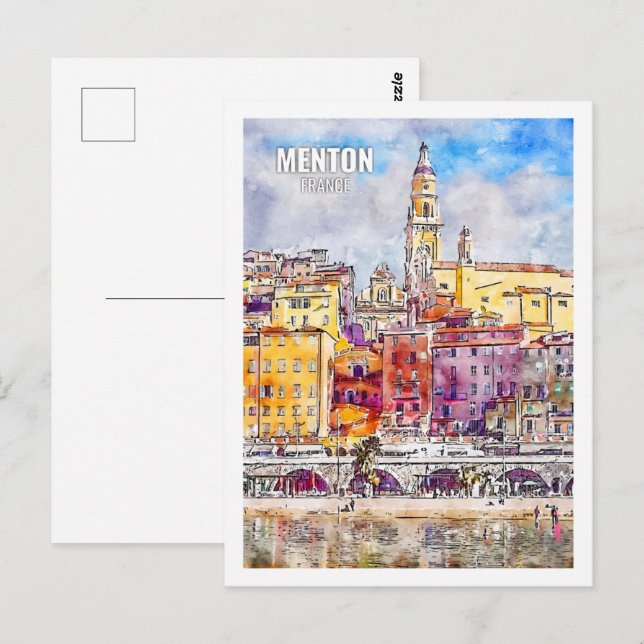 Cartão Postal Menton France Famosa Viagem Place Watercolor (Frente/Verso)