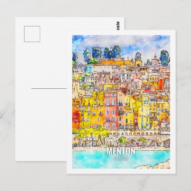 Cartão Postal Menton France Famosa Viagem Place Watercolor (Frente/Verso)