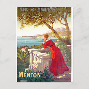 Cartão Postal Menton, paisagem riviária francesa, mulher no terr