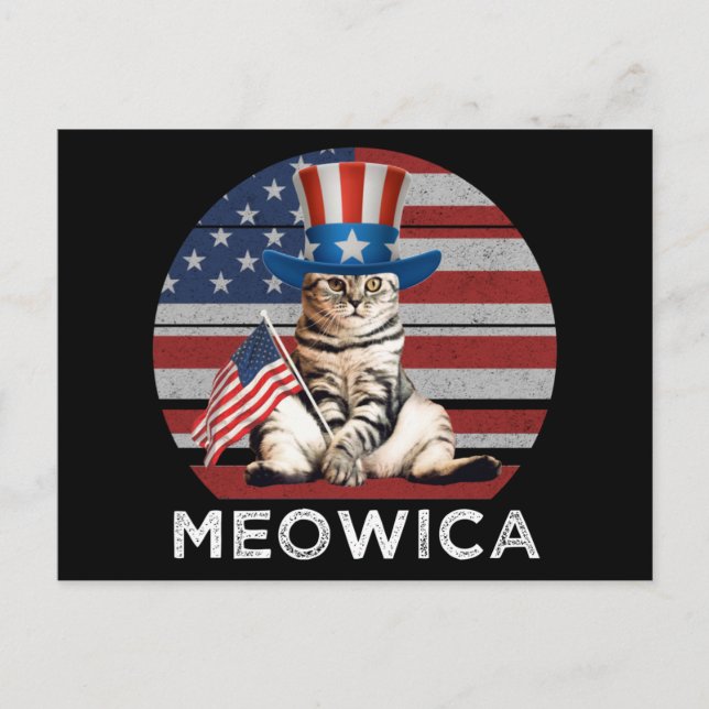 Cartão Postal Meowica 4º De Julho Gato Americano Patriótico (Frente)