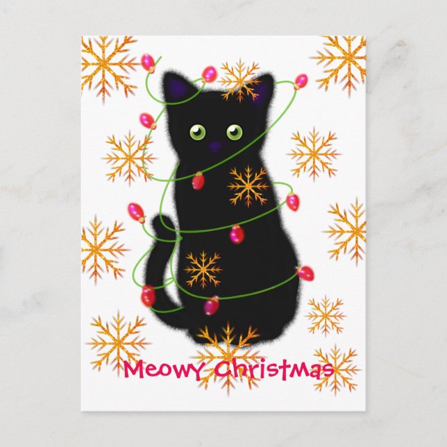 Cartão Postal Meowy Christmas | amante de gatos | gato preto (Frente)