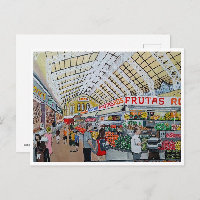 Cartão Postal Mercado Central de Valencia - Pintura de Alfred Fo (Frente/Verso)