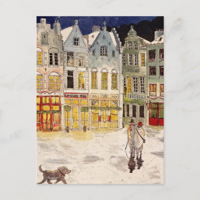 Cartão Postal Mercado de Natal Bélgica Aquarela com inspiração r (Frente)