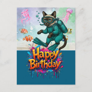 Cartão Postal Mergulhador de scuba mergulhando gato feliz aniver