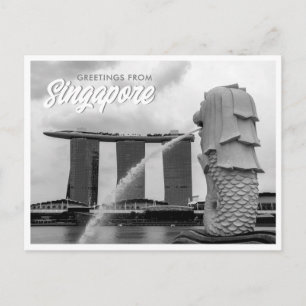Cartão Postal Merlion Preto e Branco Cumprimentos da Singapura