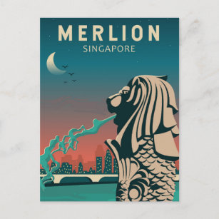 Cartão Postal Merlion Singapore Viagem Vintage Art