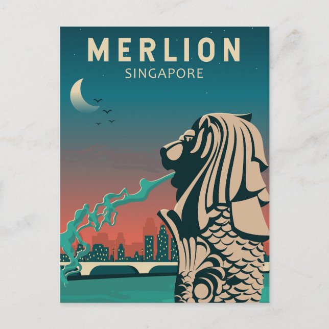Cartão Postal Merlion Singapore Viagem Vintage Art (Frente)