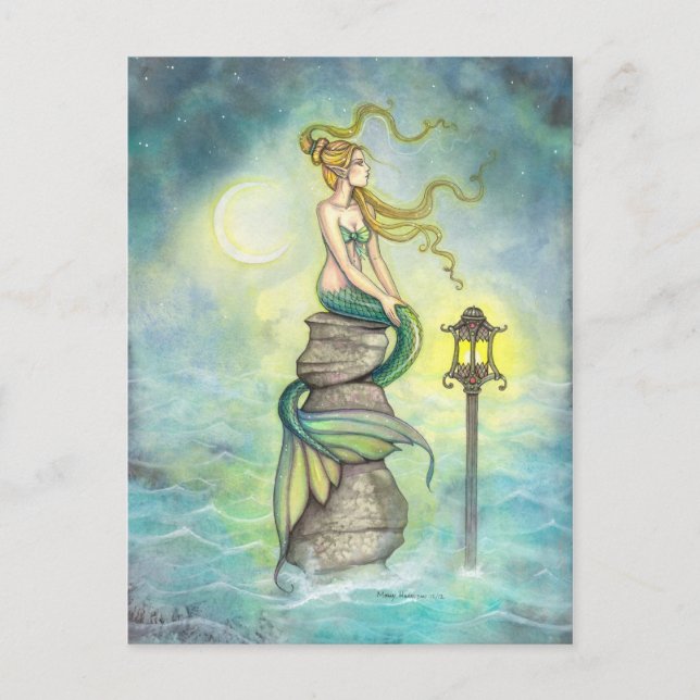 Cartão Postal Mermaid e Moon Fantasy Art de Molly Harrison (Frente)