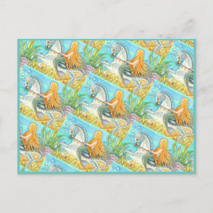 CARTÃO POSTAL MERMAID & SEA STALLION, WHIMSICAL FANTASY UNICORN