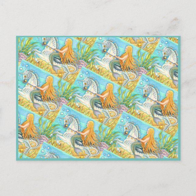 CARTÃO POSTAL MERMAID & SEA STALLION, WHIMSICAL FANTASY UNICORN (Frente)