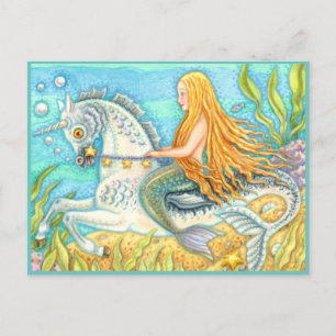 CARTÃO POSTAL MERMAID & SEA STALLION, WHIMSICAL FANTASY UNICORN