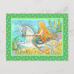 CARTÃO POSTAL MERMAID & SEA STALLION, WHIMSICAL FANTASY UNICORN