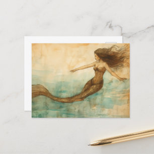 Cartão Postal Mermaid Vintage Watercolor