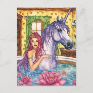Cartão Postal Mermiad e Unicorn Bathing fantasia