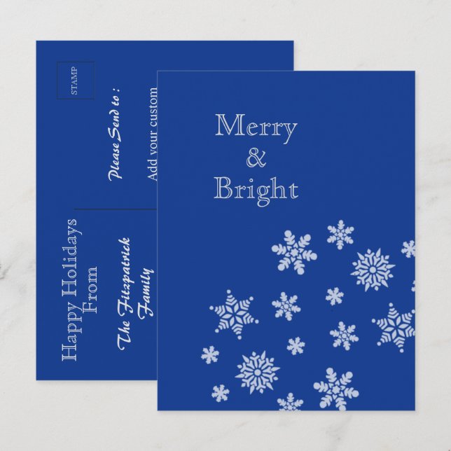 Cartão Postal Merry and Bright Snowflakes Blue Christmas    (Frente/Verso)