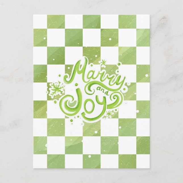 Cartão Postal Merry and Joy Green Checkered Holiday Postcard (Frente)