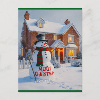 CARTÃO POSTAL MERRY CHRISTMAS BIG SNOWMAN WINTER SCENE