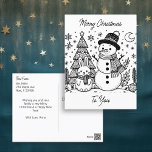 Cartão Postal Merry Christmas Color Me | Snowman e Bunny<br><div class="desc">Cartão postal de Natal personalizado com páginas coloridas. As páginas coloridas são um boneco de neve e coelho com árvores de Natal,  a lua e os flocos de neve na frente. A parte de trás do cartão postal tem uma mensagem de feriado que você pode personalizar.</div>