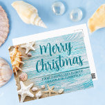 Cartão Postal Merry Christmas Cute Beach Company Seashell Person<br><div class="desc">Um cartão postal de feriado comercial de praia fofo para uma companhia de ilhas tropicais. Personalize esta bonito madeira azul lacrimogênea e fotografia de concha Cartão postal de Natal com o nome da empresa à beira-mar ou outro texto profissional costeiro.</div>