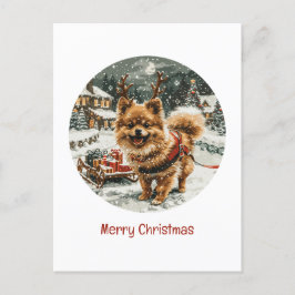 Cartão Postal Merry Christmas Pomeranian Reindeer Dog
